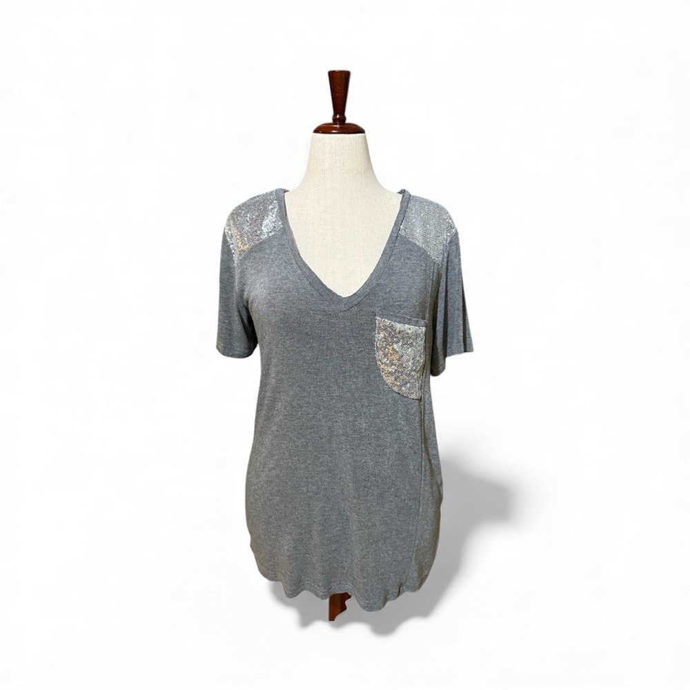 POL Gray Short Sleeve Top with Sequin Accents